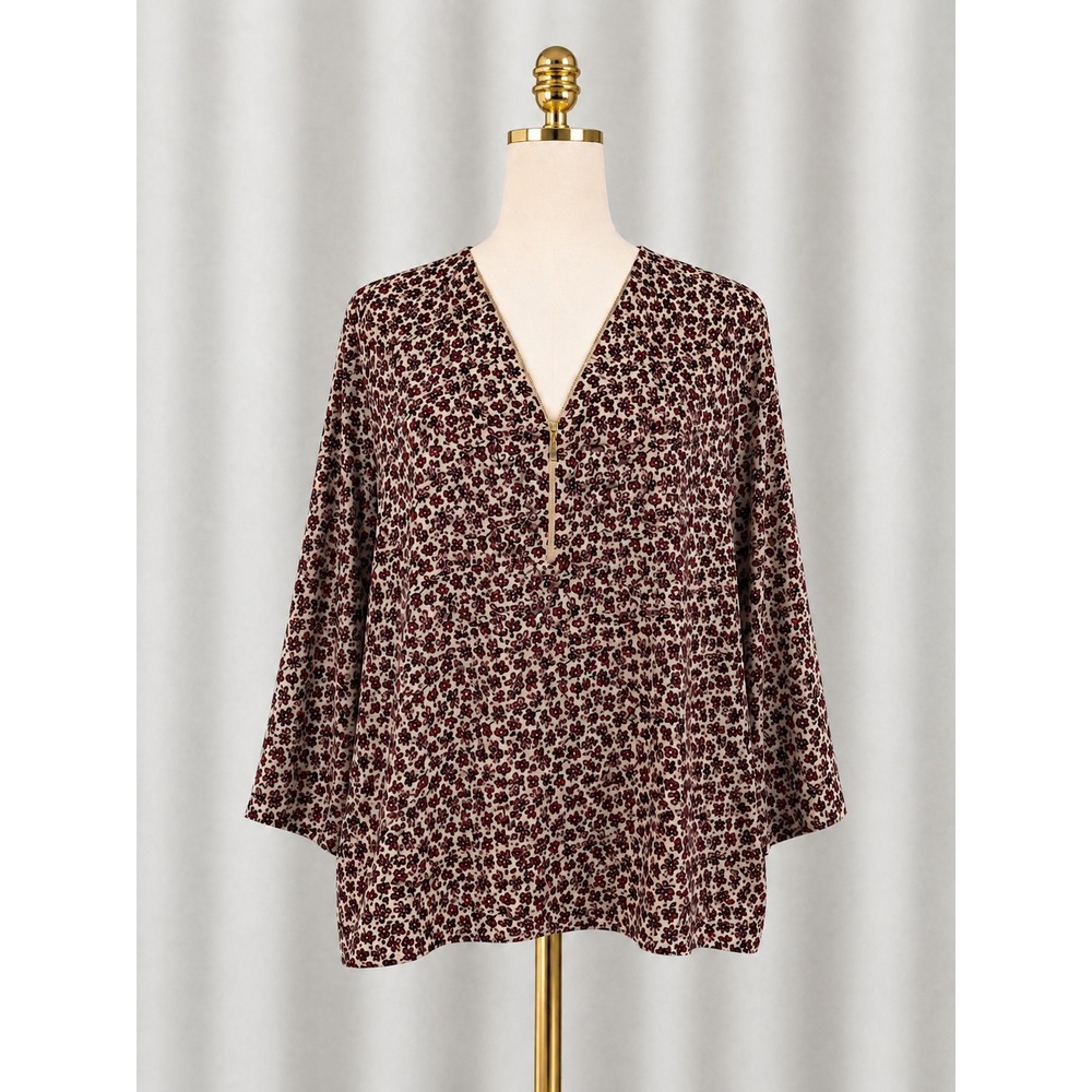 Gerard Darel Floral Blouse Burgundy Pink Half Zip 3/4 Sleeve‎ Size UK 44 US 12